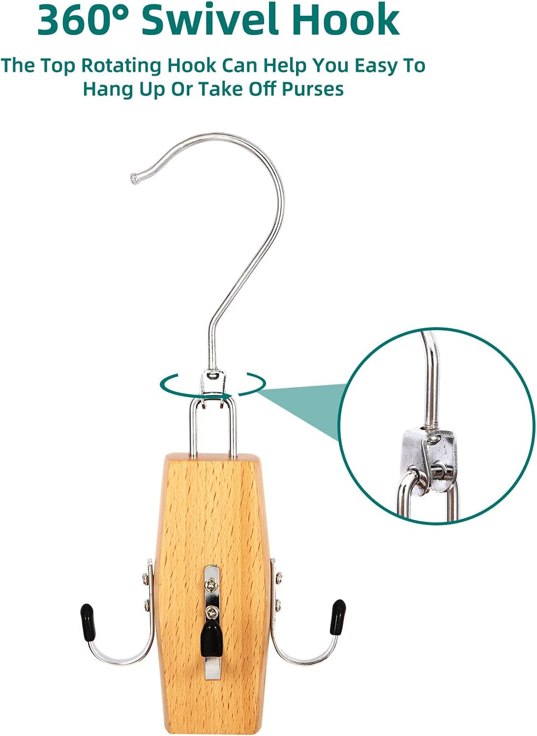 Purses Handbags Hangers, Wooden Purse Handbag Holder 2 Pack Wood Belt Hanger Belt Racks with 360° Swivel Hook Space Saving Hangers Bags Handbags Belt Storage Organizer