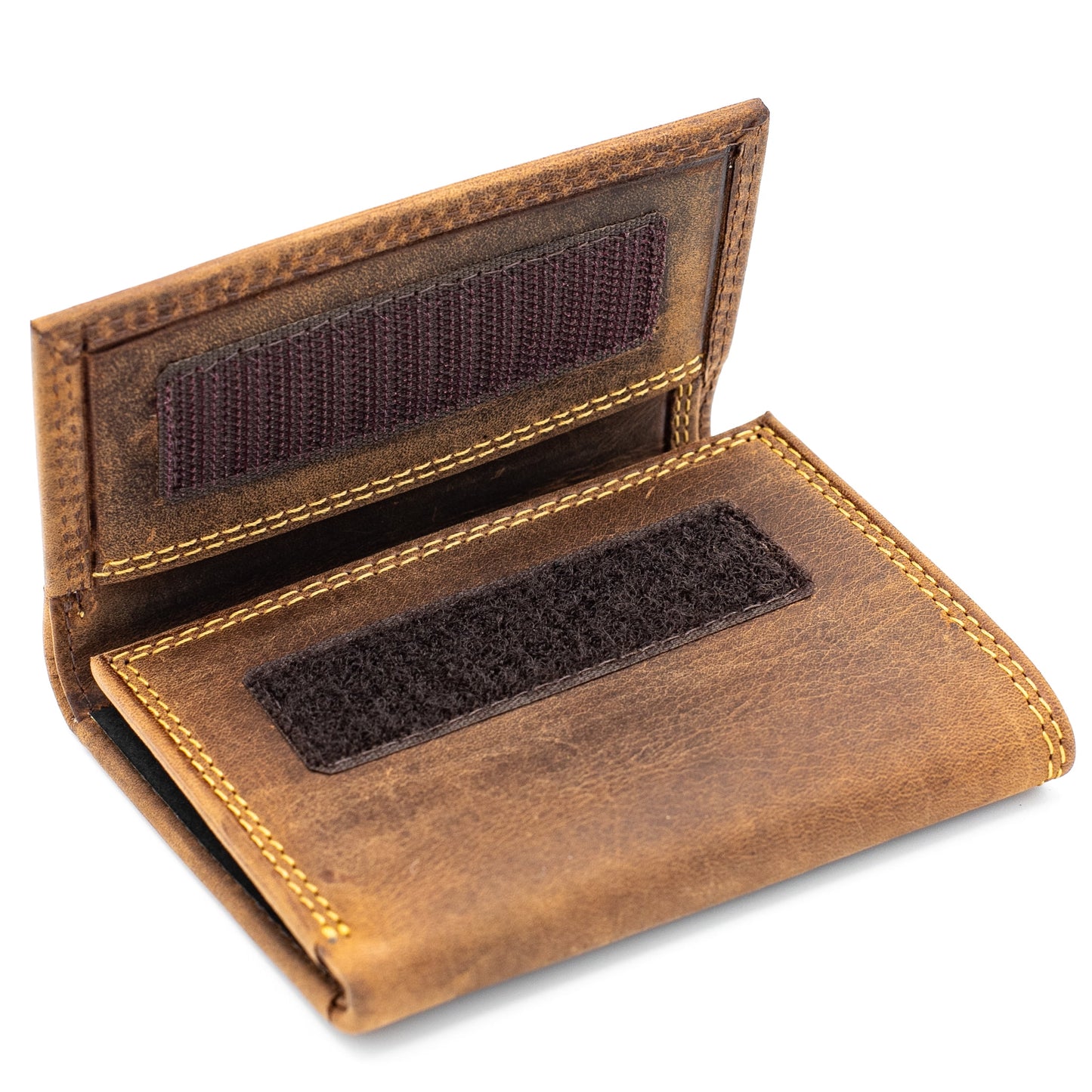 Wallet for Men RFID Blocking Leather Trifold Forest Brown Velcro Closed by