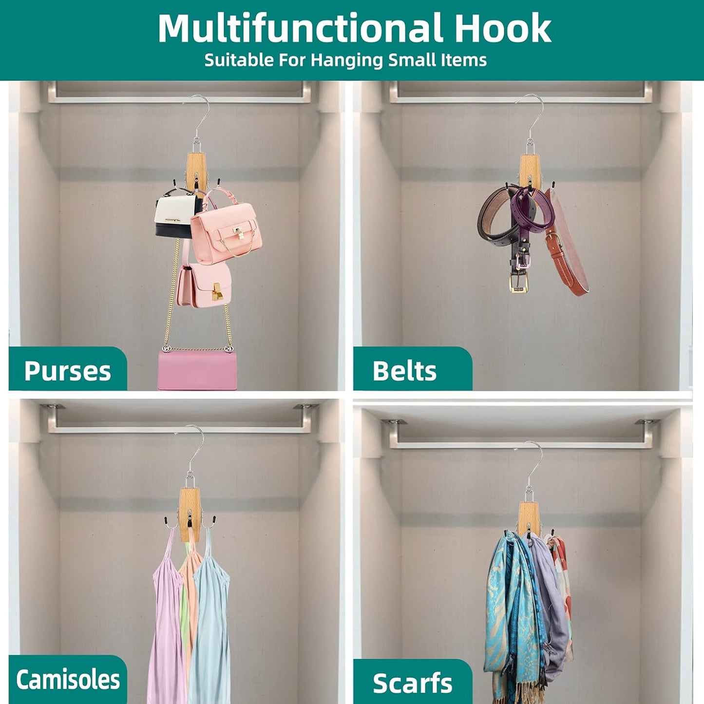 Purses Handbags Hangers, Wooden Purse Handbag Holder 2 Pack Wood Belt Hanger Belt Racks with 360° Swivel Hook Space Saving Hangers Bags Handbags Belt Storage Organizer