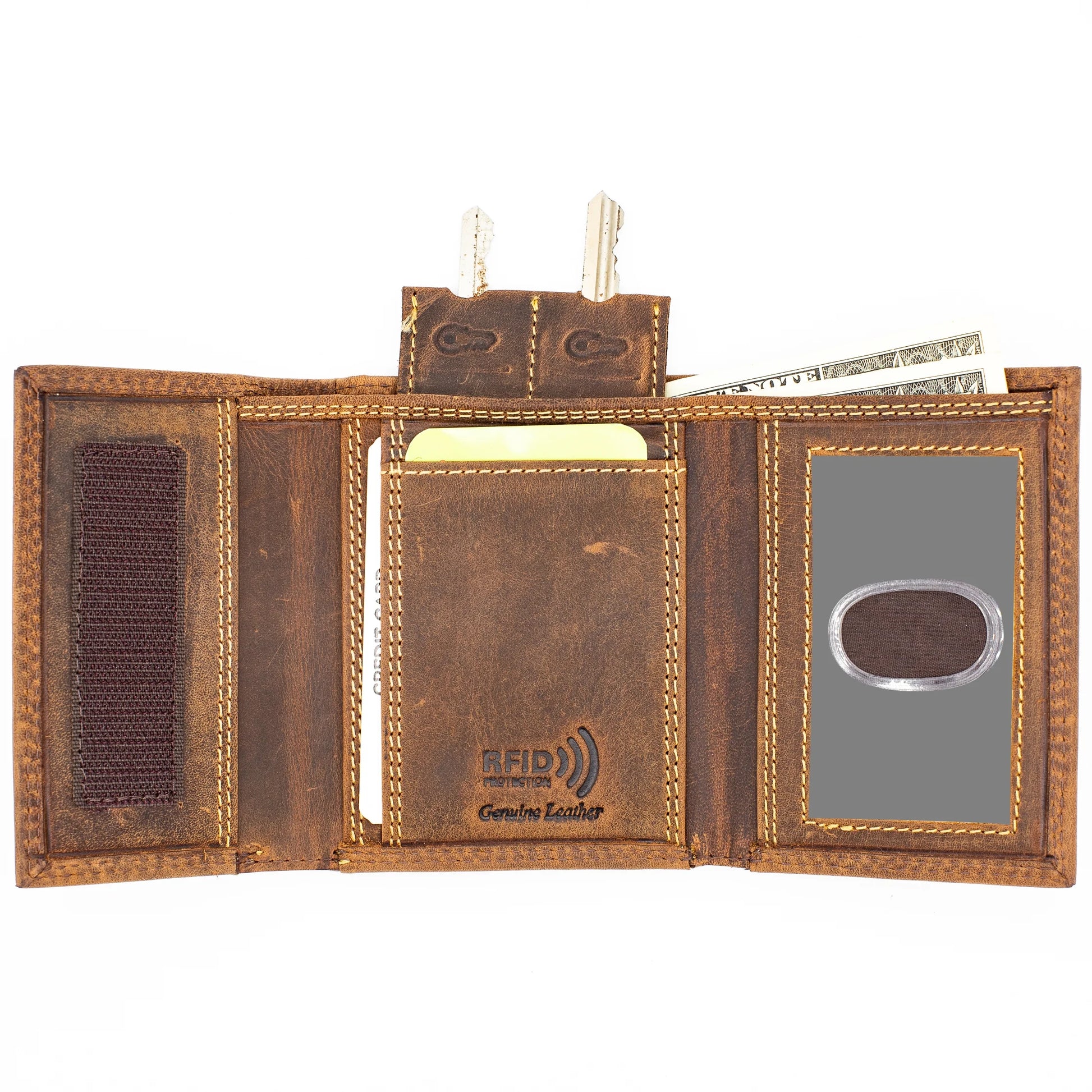 Wallet for Men RFID Blocking Leather Trifold Forest Brown Velcro Closed by