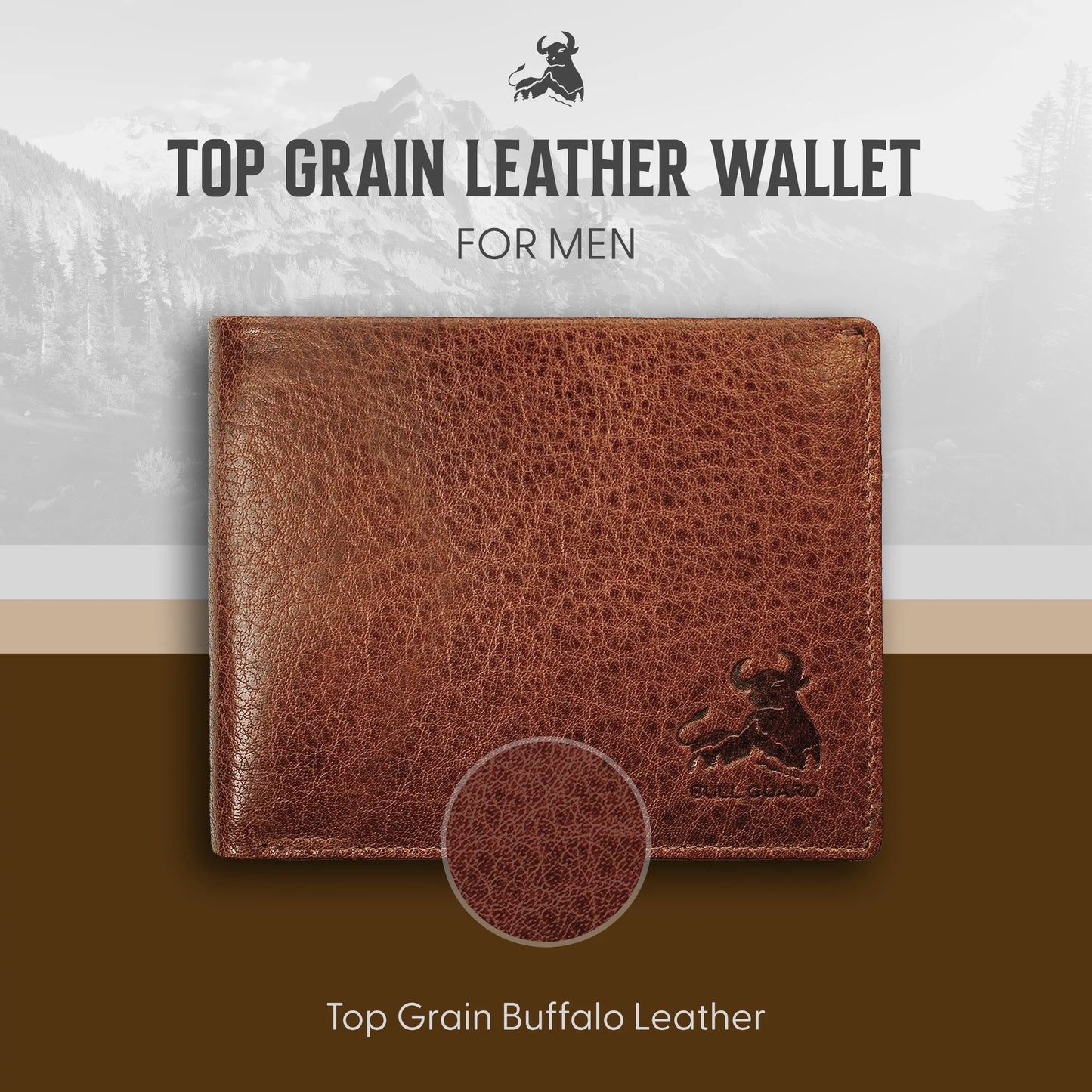 RFID Bifold Leather Wallet for Men with Flip up ID in Vintage Buffalo Brown