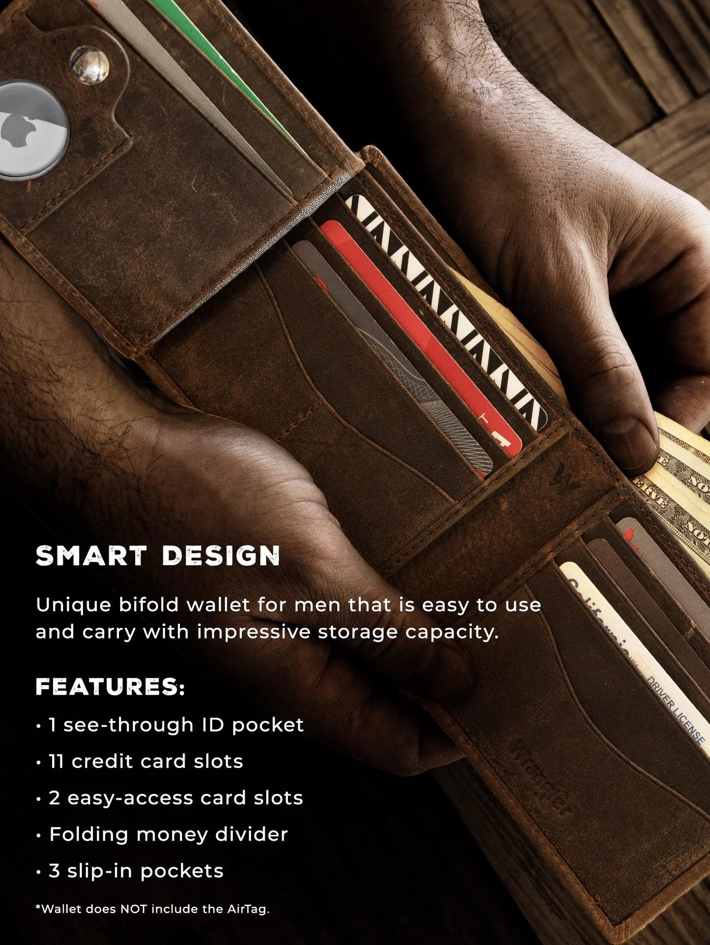 Men’S Bifold Wallet Genuine Leather, RFID Blocking, Casual Everyday 10-20 Cards Purse with Airtag Holder, Gift for Him