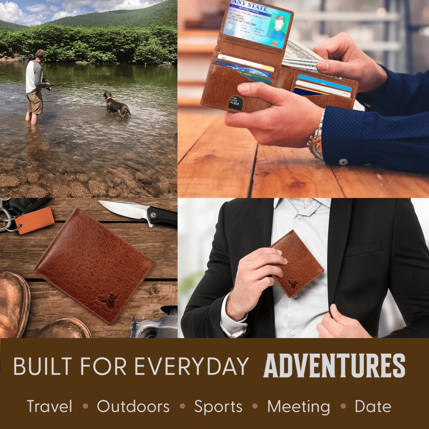 RFID Bifold Leather Wallet for Men with Flip up ID in Vintage Buffalo Brown