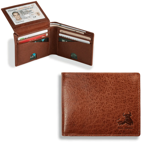 RFID Bifold Leather Wallet for Men with Flip up ID in Vintage Buffalo Brown