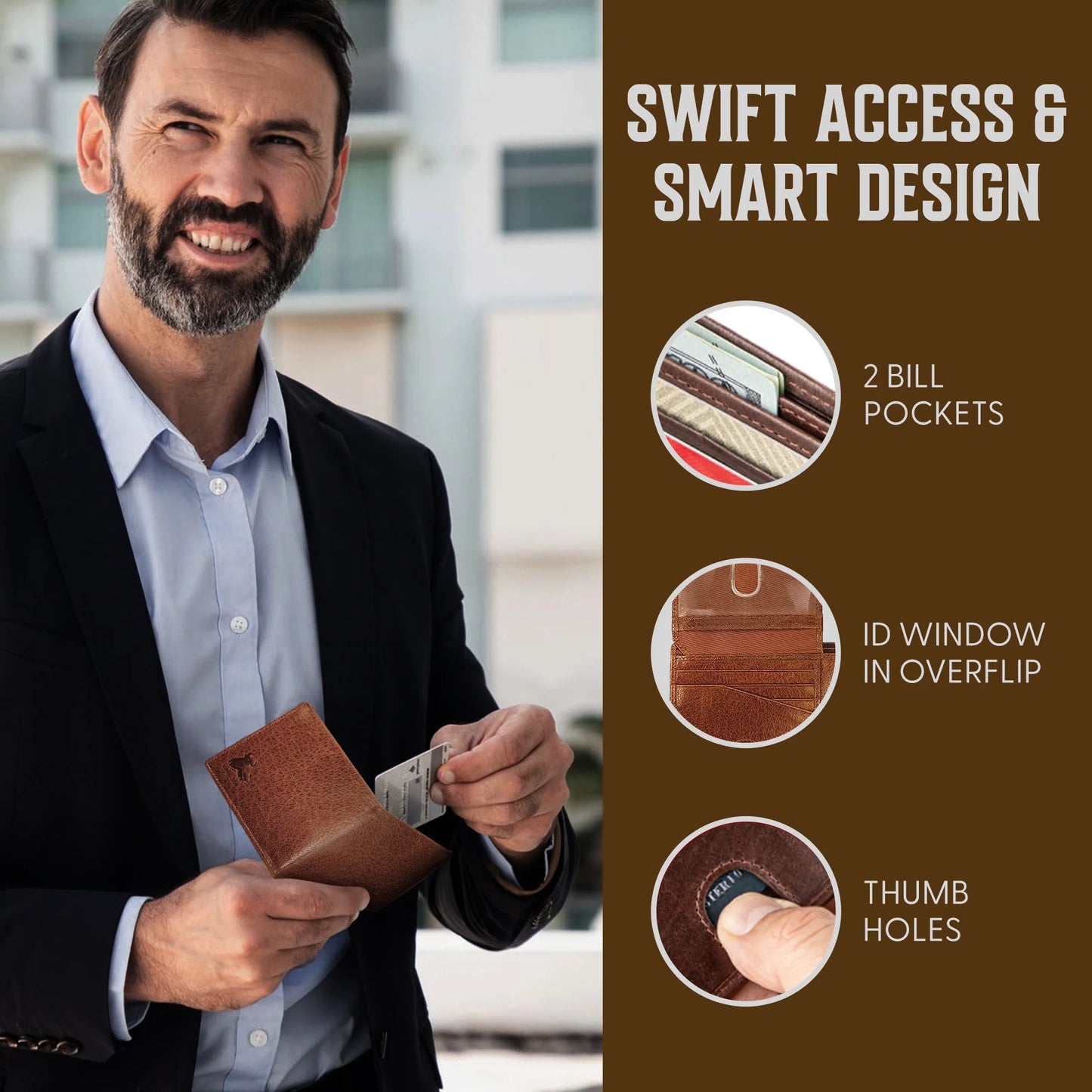 RFID Bifold Leather Wallet for Men with Flip up ID in Vintage Buffalo Brown