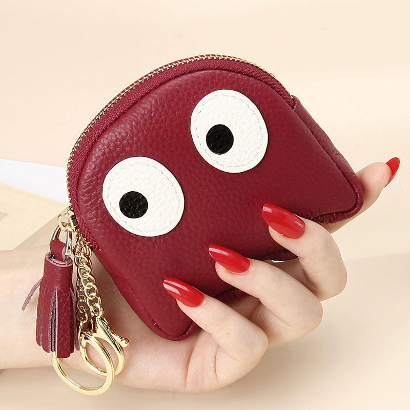 Leather Mini Creative Cartoon Zipper Coin Pouch Ins Cute Keychain Hard Coin Genuine Leather Wallet for Women