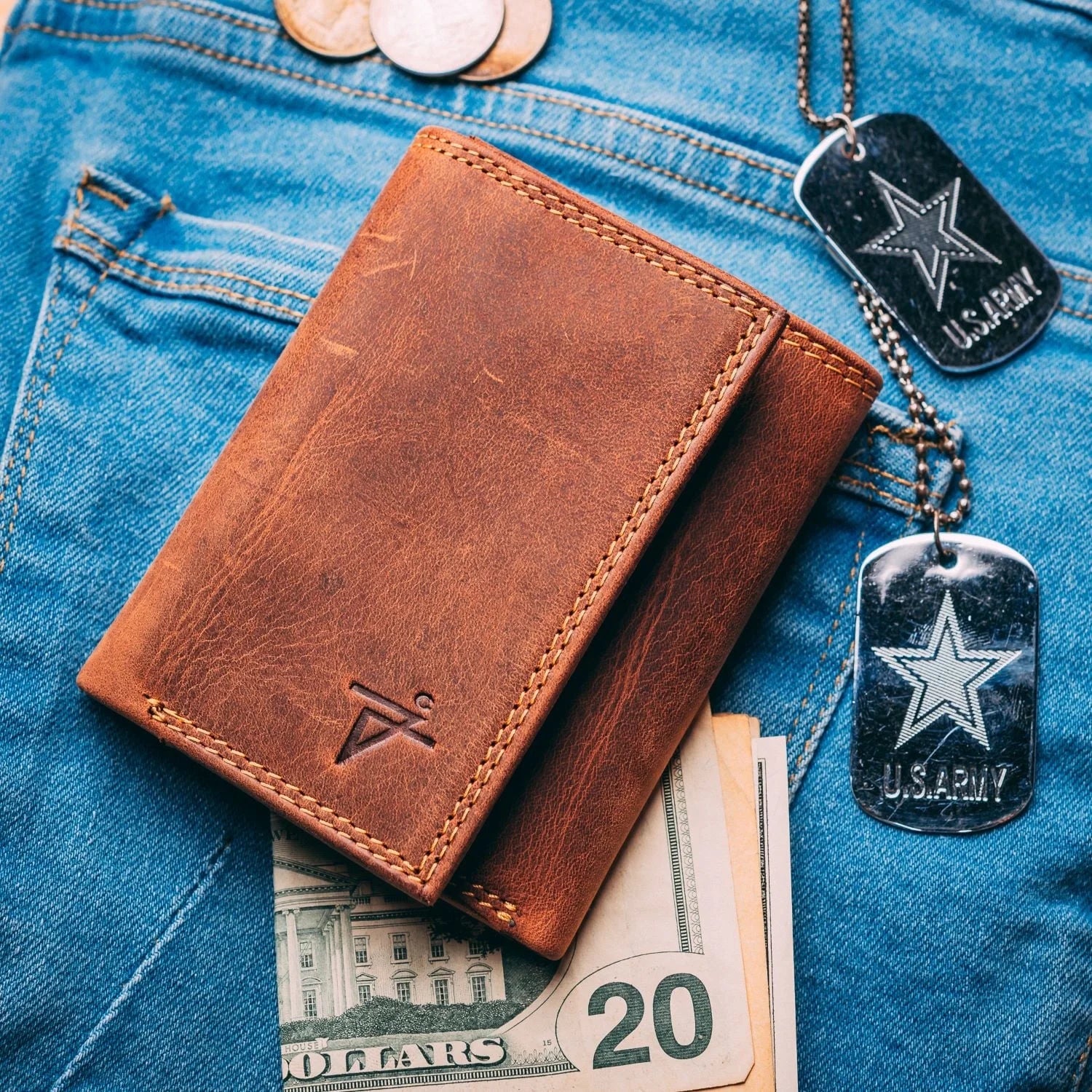 Wallet for Men RFID Blocking Leather Trifold Forest Brown Velcro Closed by