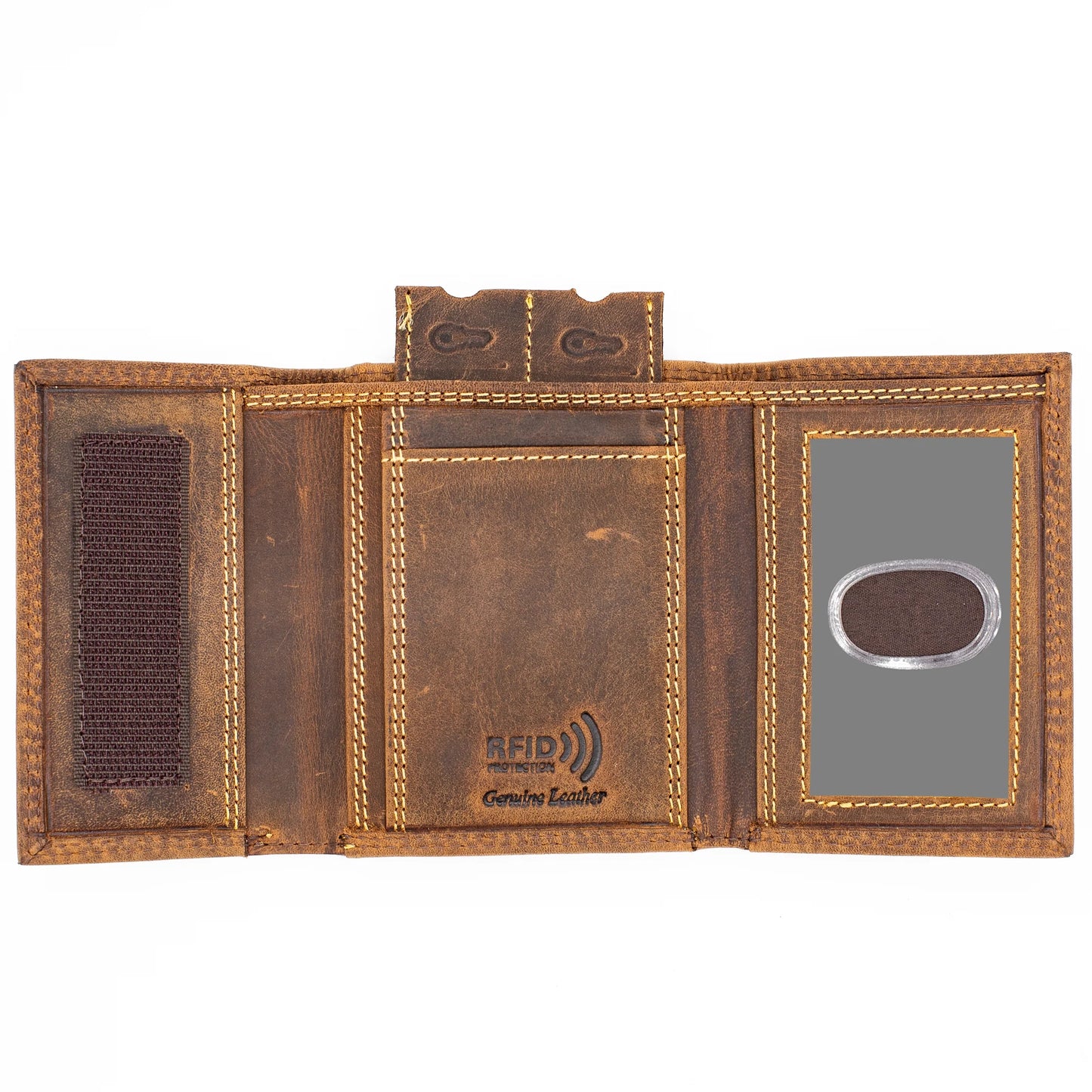 Wallet for Men RFID Blocking Leather Trifold Forest Brown Velcro Closed by