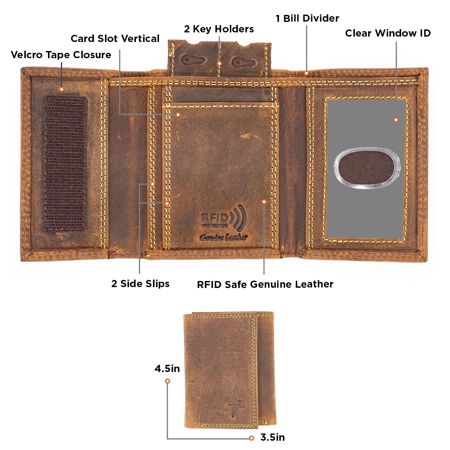 Wallet for Men RFID Blocking Leather Trifold Forest Brown Velcro Closed by
