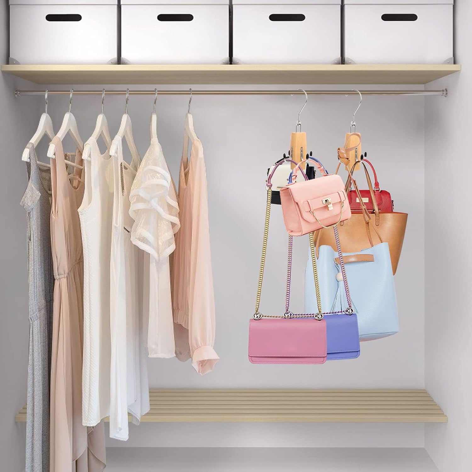 Purses Handbags Hangers, Wooden Purse Handbag Holder 2 Pack Wood Belt Hanger Belt Racks with 360° Swivel Hook Space Saving Hangers Bags Handbags Belt Storage Organizer