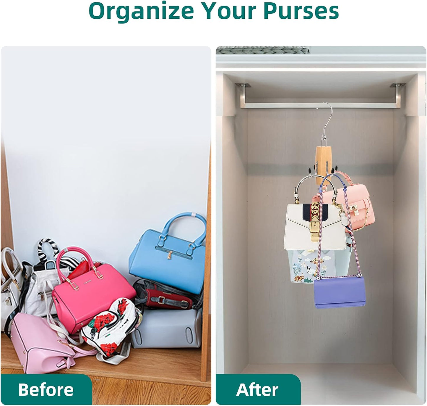 Purses Handbags Hangers, Wooden Purse Handbag Holder 2 Pack Wood Belt Hanger Belt Racks with 360° Swivel Hook Space Saving Hangers Bags Handbags Belt Storage Organizer