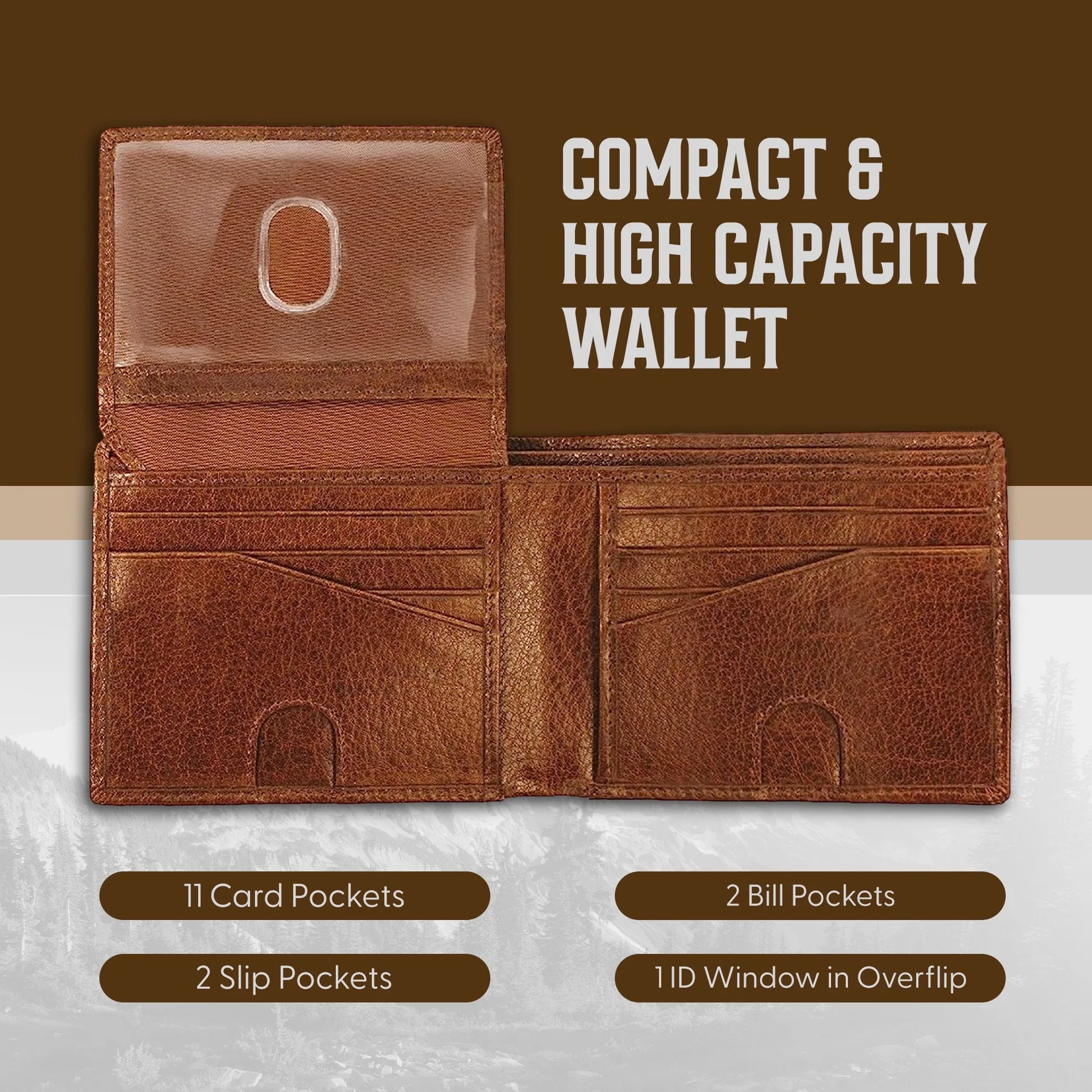 RFID Bifold Leather Wallet for Men with Flip up ID in Vintage Buffalo Brown